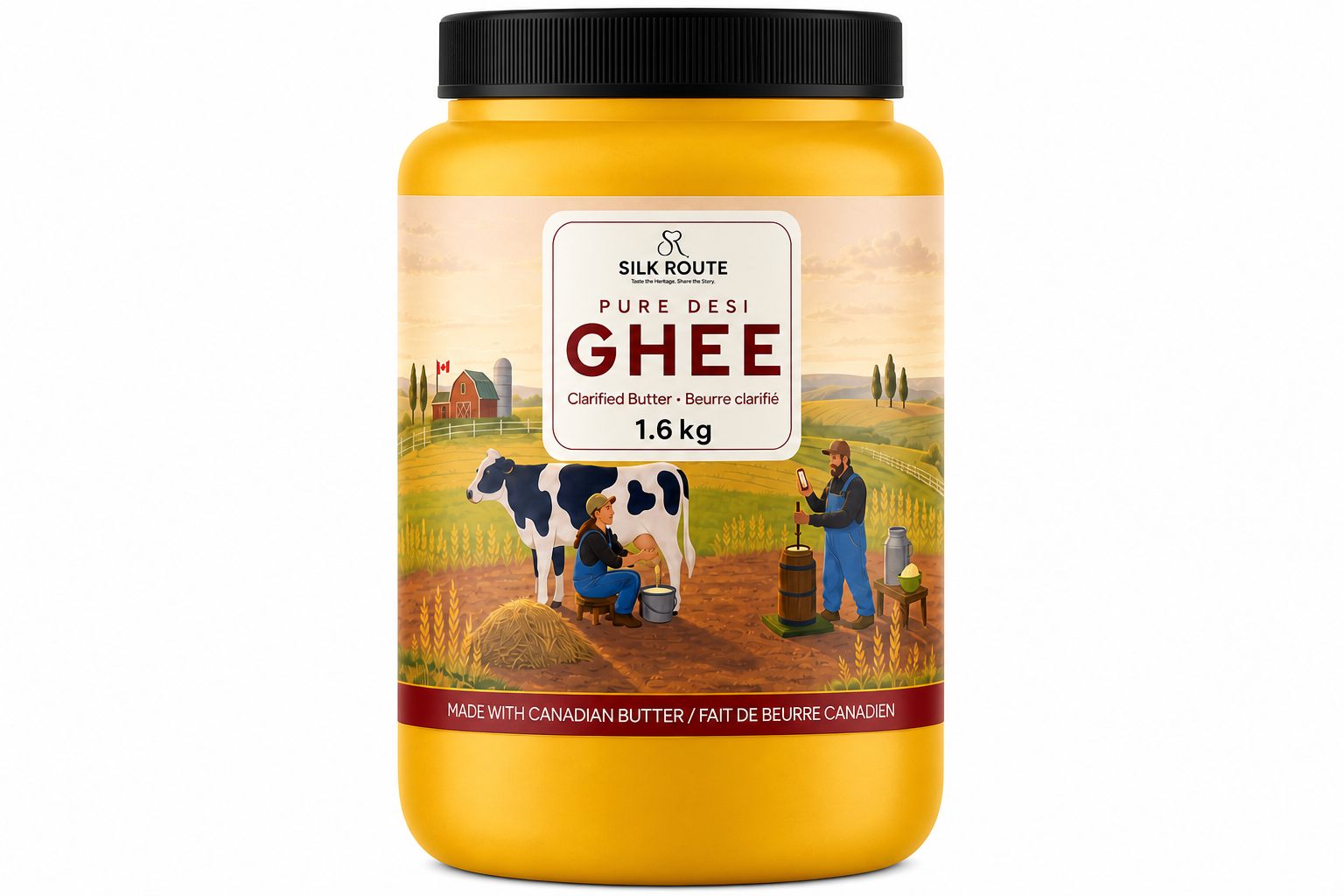 Pure Desi Ghee — 1.6 kg jar, front label with the Oxford County farm scene